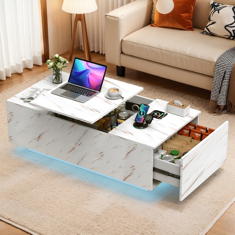 Meyreso Lift-Top Smart Marble Coffee Table with LED Light and Hidden Storage