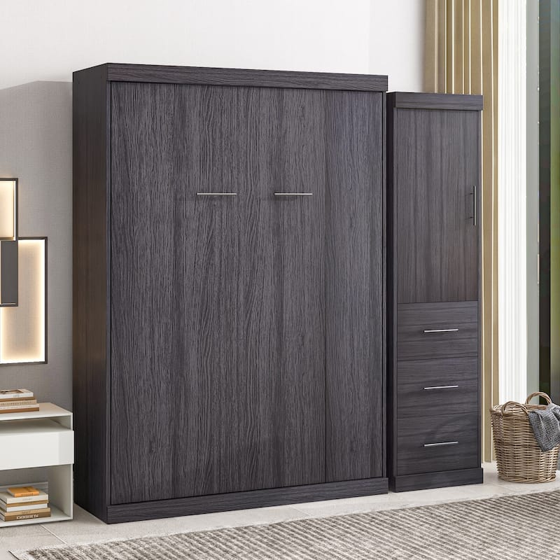 Pine Wood Wall Murphy Bed with Wardrobe & Drawers