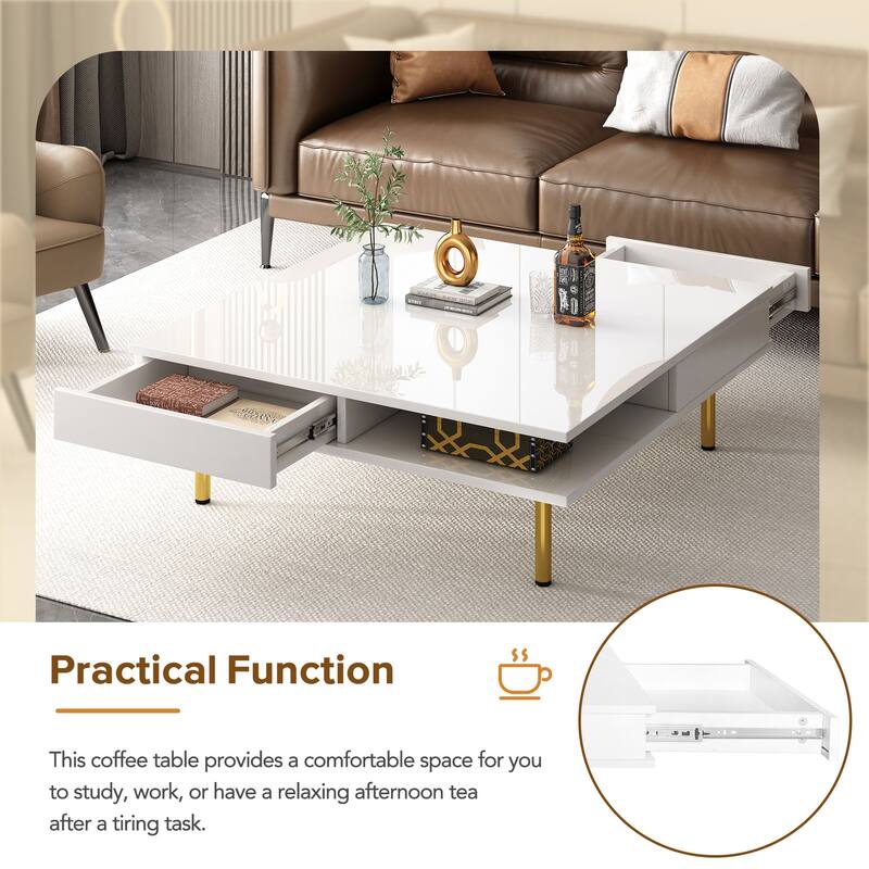 Stylish High Gloss Coffee Table 2 Tier Square Center Table with 4 Gold Legs and 2 Small Drawers, for Living Room