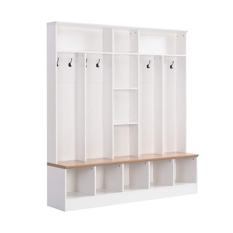 Roomfitters Modern Wide Hall Tree with Bench, Multifunctional Mudroom Shoe Cabinet with Shelves and 8 Hooks