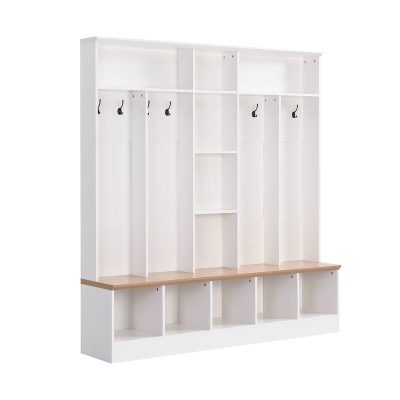 Wide Design Hall Tree with Storage Bench, Shoe Cabinet with Cube Storage & Shelves, Multifunctional Coat Rack with 8 Hooks