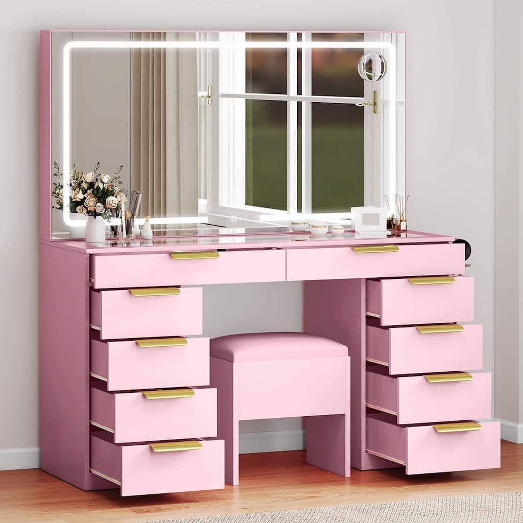 Vanity Desk with Power Outlets, Makeup Vanity with Mirror & LED Lights