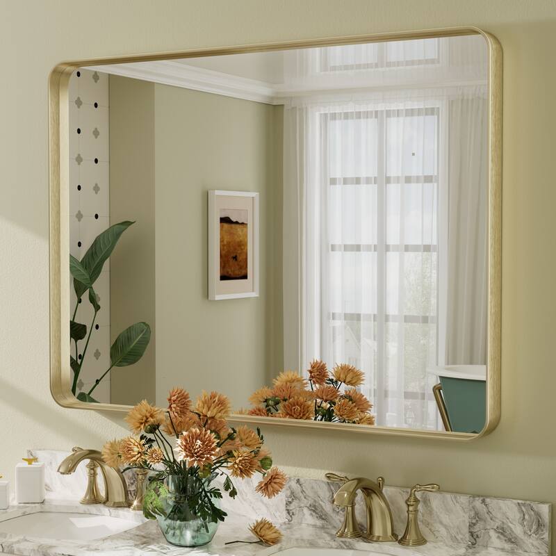 Aluminum Alloy Framed French Cleat Mounted Tempered Glass Wall Vanity Mirror - 48" x 36" - Gold