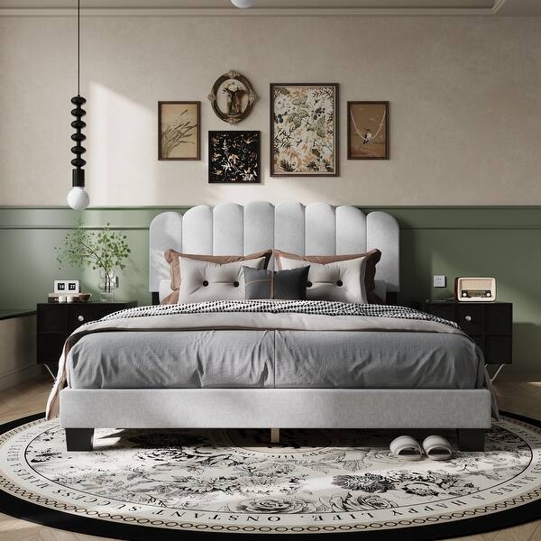 slide 2 of 14, Queen Size Bed Frame Platform with Scalloped Pattern Headboard