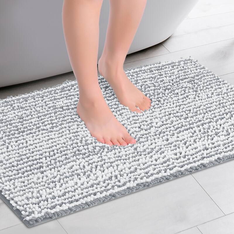 Chenille Striped Bathroom Rugs, Extra Thick and Absorbent Bath Rug Non-Slip Soft Plush Shaggy Bath Carpet - Light Gray