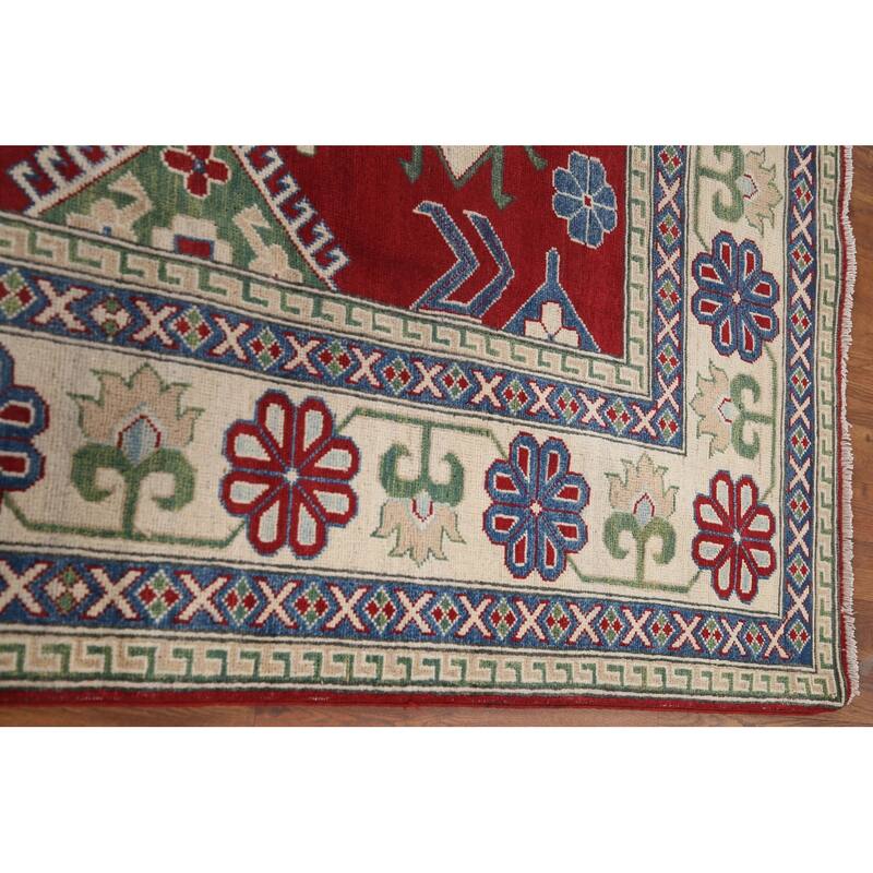 Hand Knotted Oriental 100% Wool Carpet Traditional Geometric Red Kazak Area Rug - 9' 10'' X 6' 9''