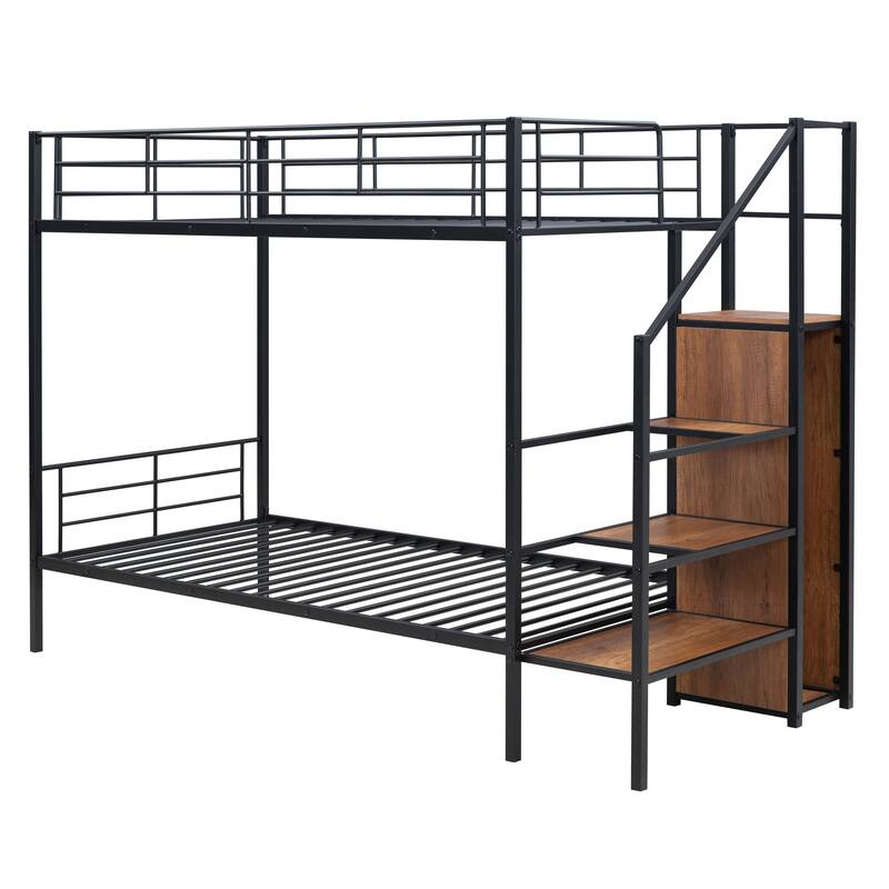 Twin Over Twin Metal Bunk Bed with Storage Ladder and Wardrobe, Space-Saving Design
