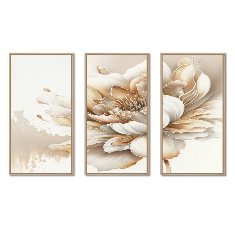 Designart "Blooming Beige Floral Design I" Floral Framed Canvas Art Print - 3 Panels
