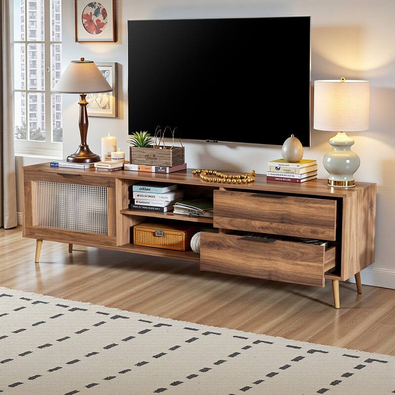 Modern TV Stand for TVs Up to 75", Media Console with Glass Doors, Drawers & Storage Cabinet