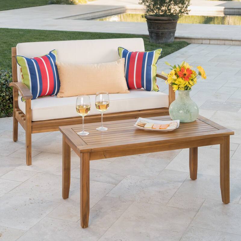 2 Piece Acacia Wood Chat Set with Coffee Table and Water Resistant Cushion