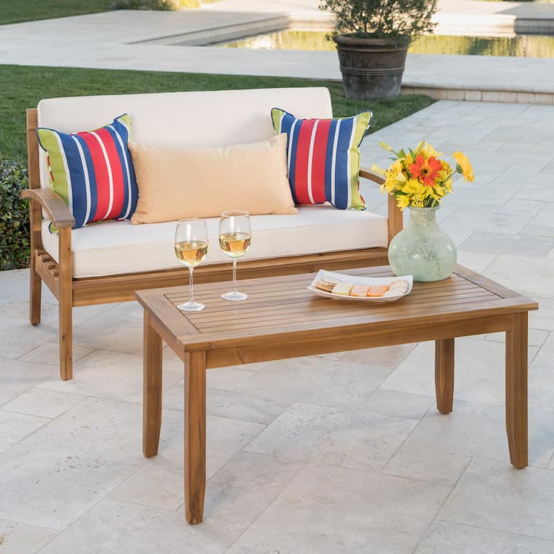 Outdoor Acacia Wood Loveseat and Coffee Table Set with Water-Resistant Cushions - Patio Seating for Garden or Balcony
