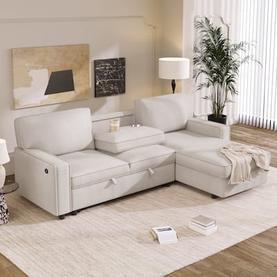 3-Seater Convertible Sleeper Sofa with Twin pull-out Bed, L-Shaped Sectional Sofa for Livingroom Polyester Sofa Set with Ottoman