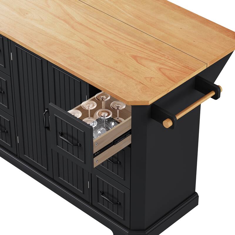 55.5'' Rubber Wood Kitchen Island with Power Outlet, Drop Leaf, Rolling Wheels and 6 Deep Drawers - 55.5'' x 29.75'' x 36''