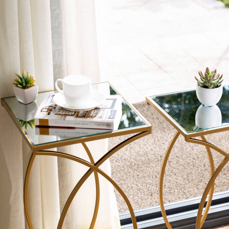 Glitzhome Set of 2 Glam Glass Modern Square/Octagon Gold/Silver Side Table Sofa Table