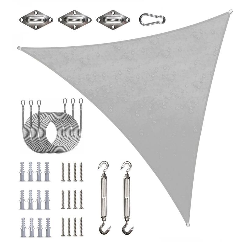 ColourTreeUSA Waterproof Triangle Sun Shade Sail w/Hardware Installation Kit + Cable Ropes UV Block 220 GSM - 16' x 16' x 16' - Grey