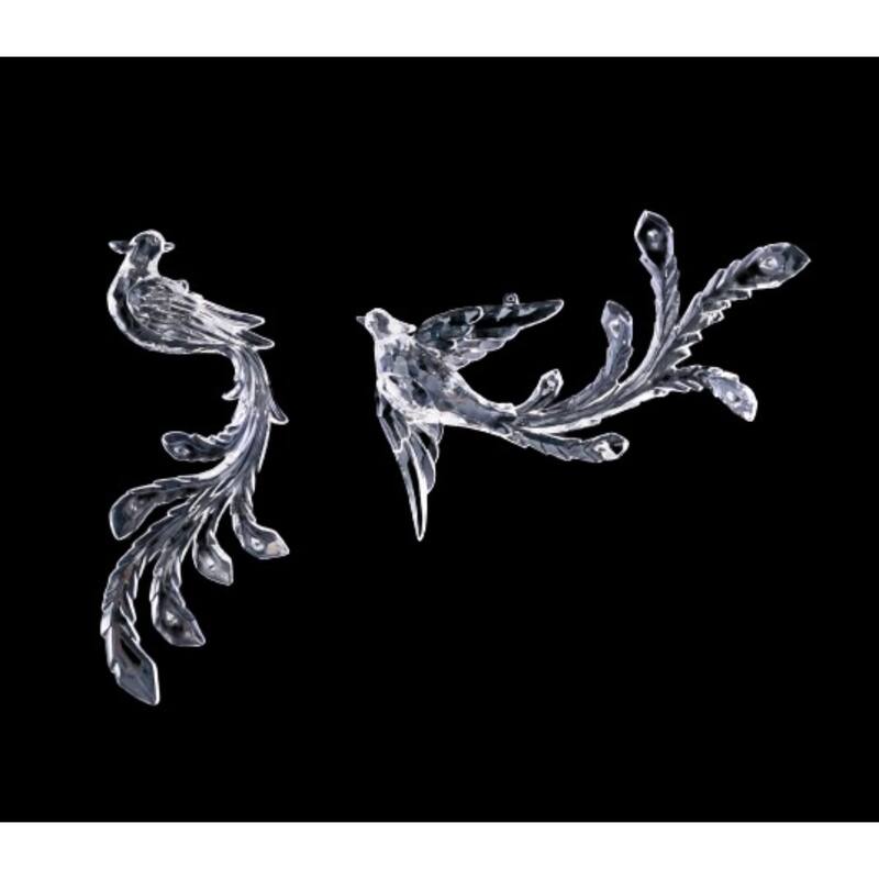 Diamond Cut Peacocks Hanging Christmas Ornaments 7.75" Clear Set of 2