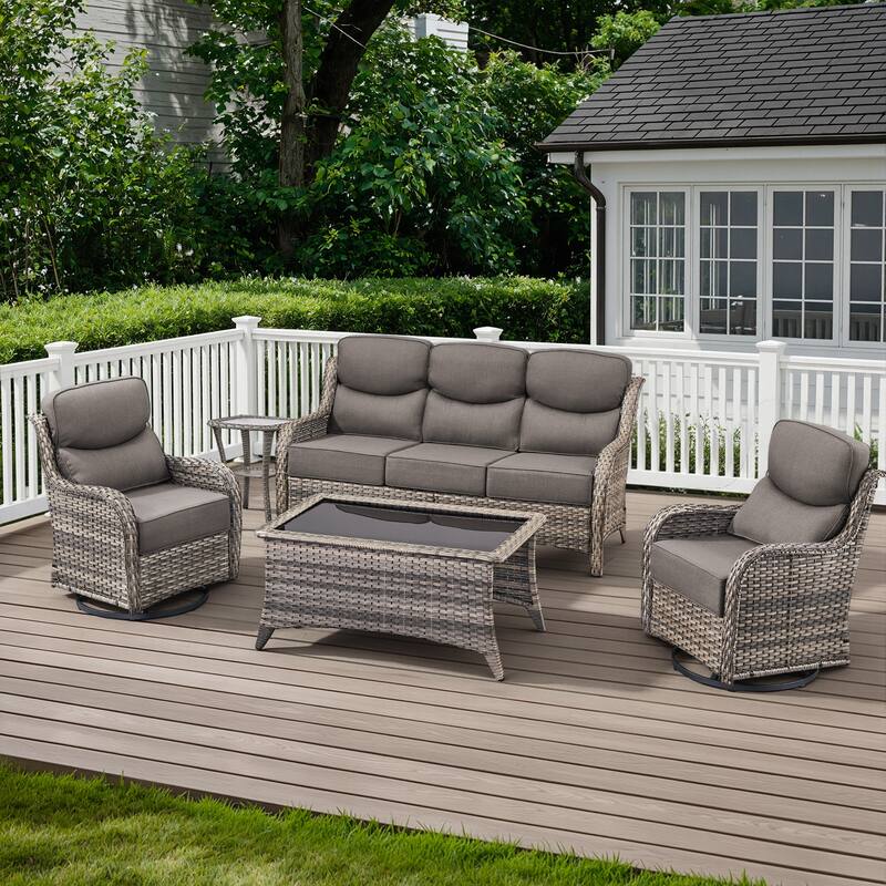 Meyreso 7-Piece Wicker Patio Conversation Set with Swivel Gliders and 6-Inch Thick Cushions
