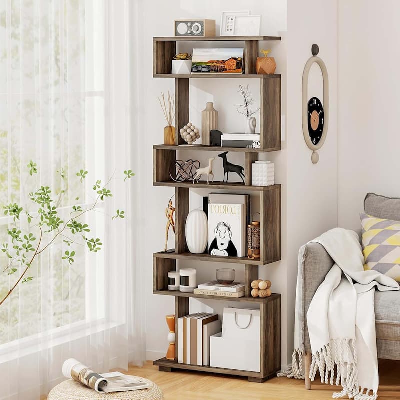 1/2 PCS 6 Tier Geometric Bookcase 64" Tall S-Shaped Bookshelf