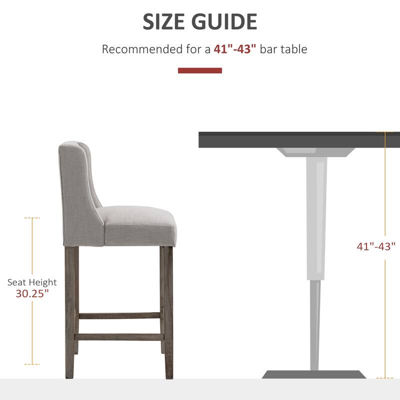 Set of 2 Beige Linen Bar Stools with Tufted Wingback and Footrest Rubberwood Legs - 18.5"W x 19.75"D x 43.75"H