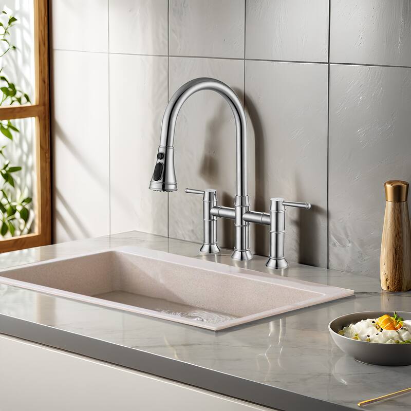 Stainless Steel Bridge Kitchen Faucet with Pull Down Sprayer