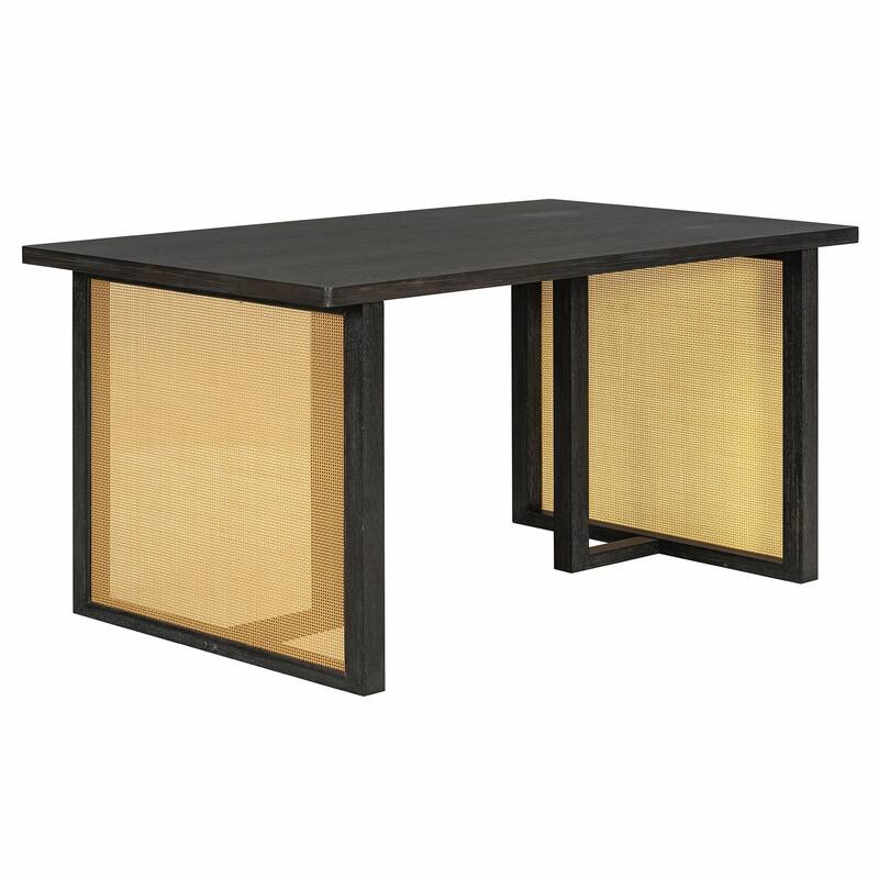 7-Piece Farmhouse Dining Table Set for 6 - 59.8" Rectangular Table with Distressed Oak Veneer & 6 Rattan Chairs