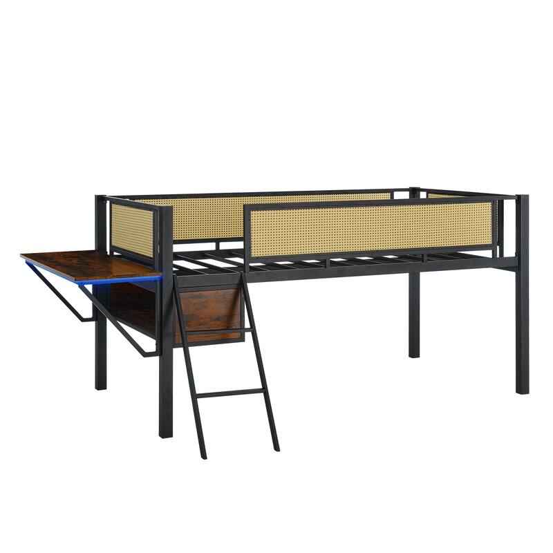 Twin Size Metal Loft Bed with Rectangular Desk, LED Lights, and Storage