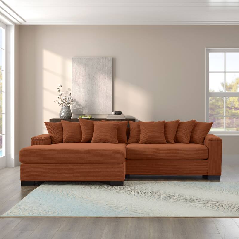 Corduroy L-shaped Sectional Sofa with Convertible Chaise Lounge, Armrests Built-in Storage, Removable Covers and Pillows