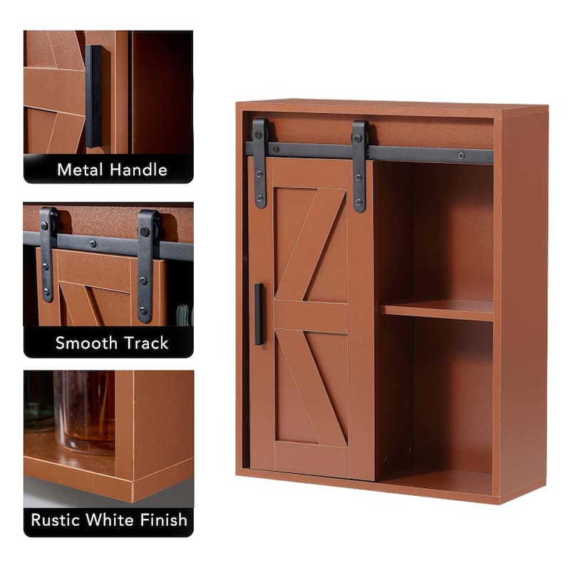 Rustic Wooden Wall Mounted Storage Cabinet with Sliding Barn Door - 27.6"H