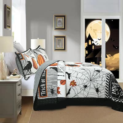 MarCielo 3 Pcs Halloween Themed Quilt Bedspread Set Cozy and Spooky Pumpkin Ghost Pattern ME500