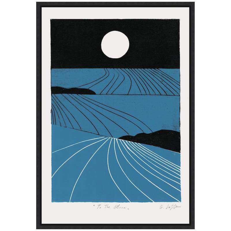 Kate and Laurel Sylvie Folk To The Moon Linocut Framed Canvas by Giuliana Lazzerini