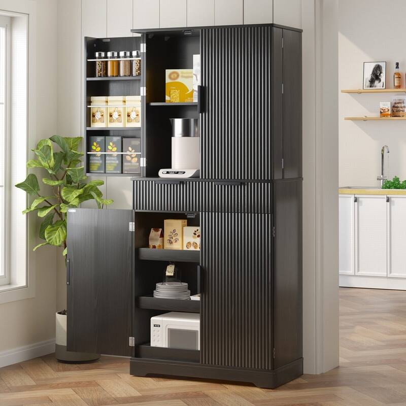 72" Fluted Kitchen Pantry Cabinet, Freestanding Cupboard Storage Cabinet with Drawers and Adjustable Shelves