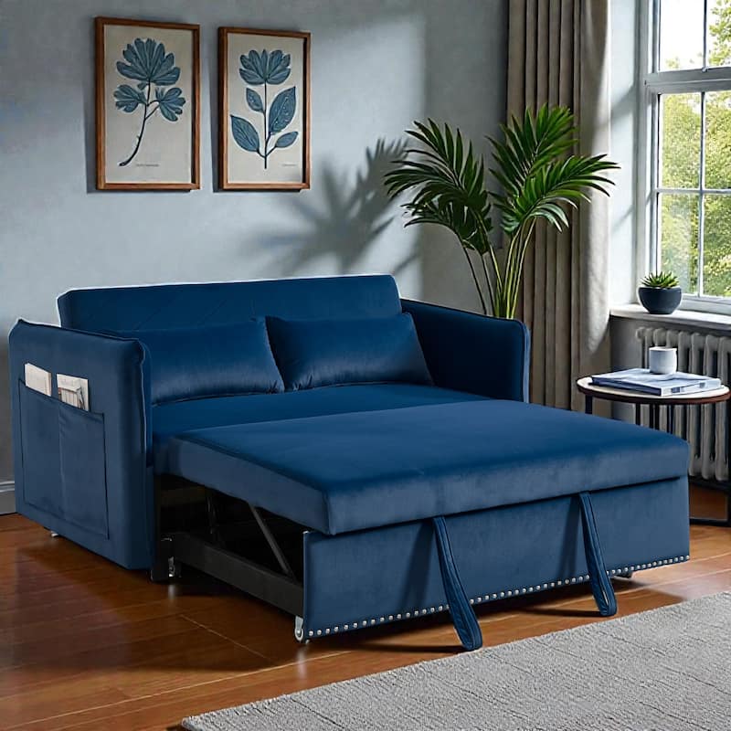 3 in 1 Convertible Sleeper Sofa Bed, Velvet Futon Loveseat with Pull Out Bed, Adjustable Backrest and Side Pockets