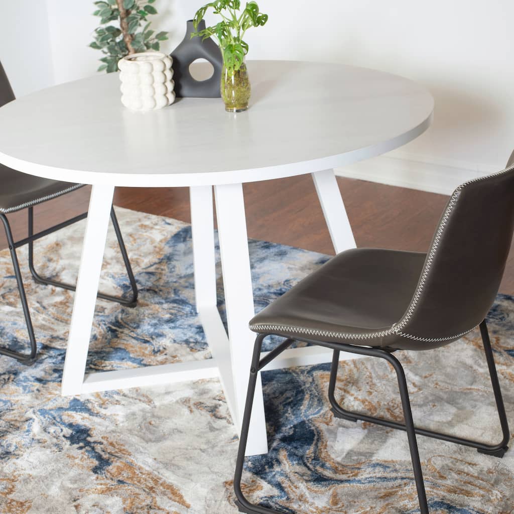 Gray Leather Barrel Chairs with Sled Base, Exquisite Round Dining Table with Trestle, Kitchen Table and Chairs Set