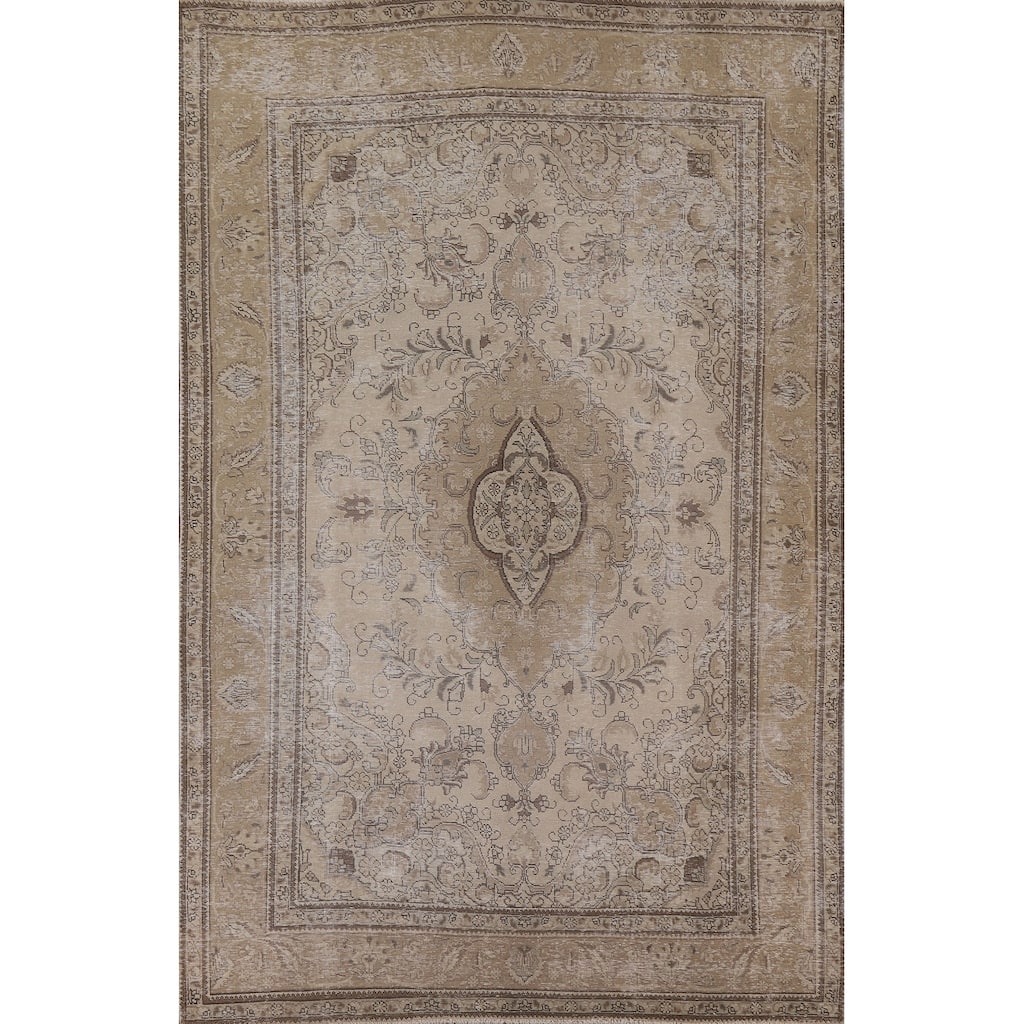 Beige Distressed Tabriz Persian Vintage Rug Handmade Wool Carpet - 6'6" x 9'3"