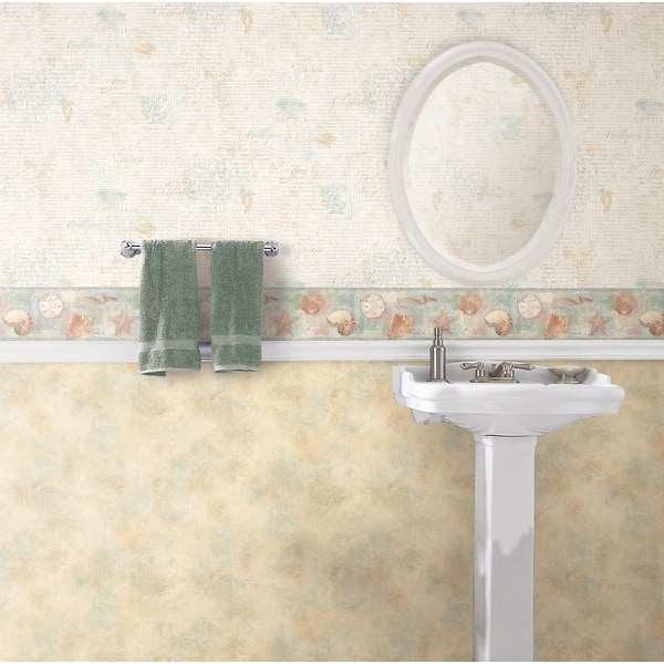 slide 2 of 3, Evelina, Quinten Blue Seashells Toss, 33' L X 20.5 W, Wallpaper Border Blue