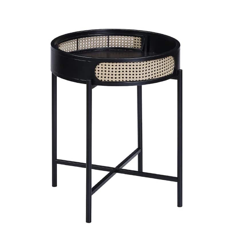 24 Inch Round End Table, Rattan Apron Accent, Metal Legs, Black - 22 Dia. x 24 H, in inches