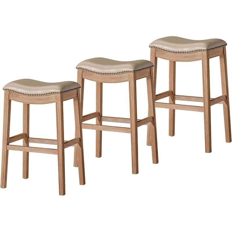 Maven Lane 31" Adrien Saddle Kitchen Bar Height Stool - N/A - Set of 3 - Weathered Oak Vegan Leather