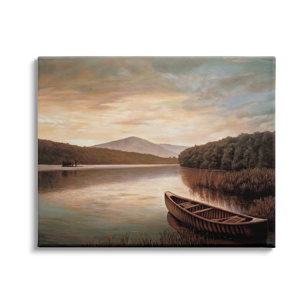 Stupell Lakeside Canoe Cloudy Sky Mountain Forest Landscape Canvas Wall Art - Brown
