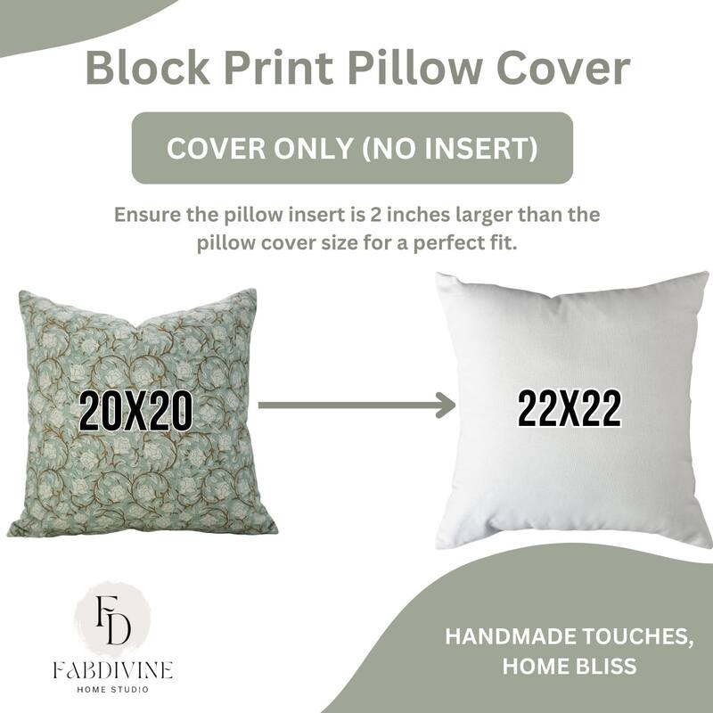 Fabdivine Handmade Block Print light Green Pure Linen Pillow Cover- Amritvela