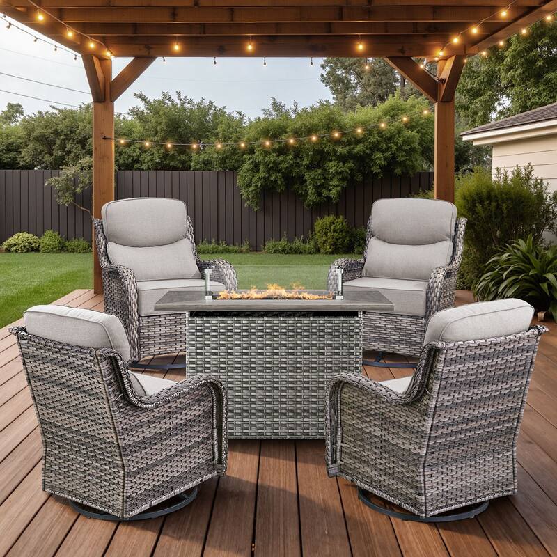 Arcadia 5-Piece Patio Conversation Set with 4 Swivel Glider Chairs and Wicker Fire Pit