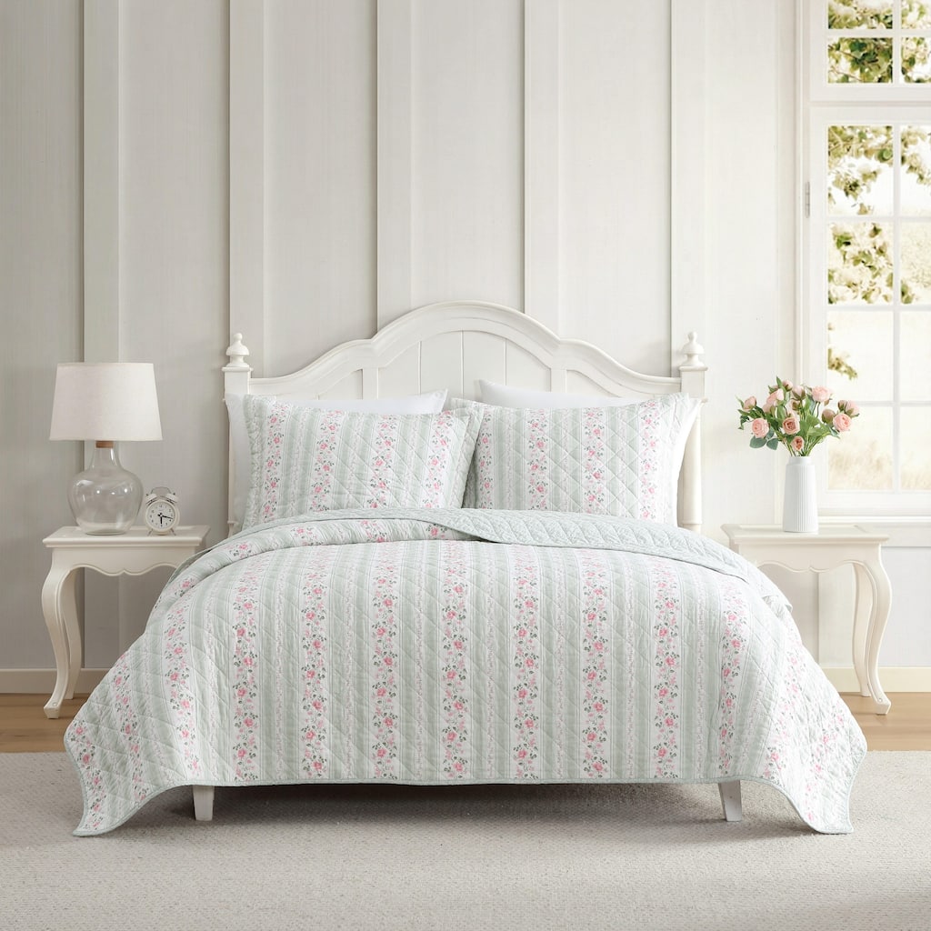 Laura Ashley Rosebud Stripe Cotton Reversible Green Quilt Set