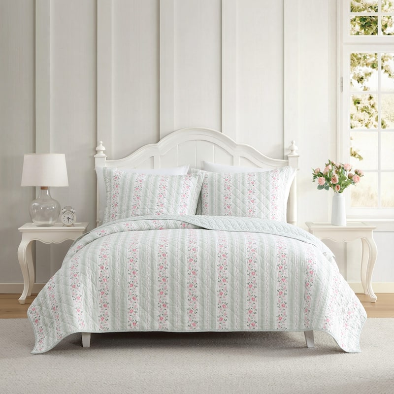 Laura Ashley Rosebud Stripe Cotton Reversible Green Quilt Set