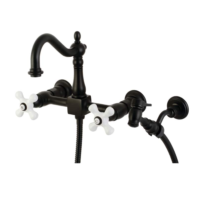 Kingston Brass Heritage Wall Mount Bridge Kitchen Faucet with Brass Sprayer