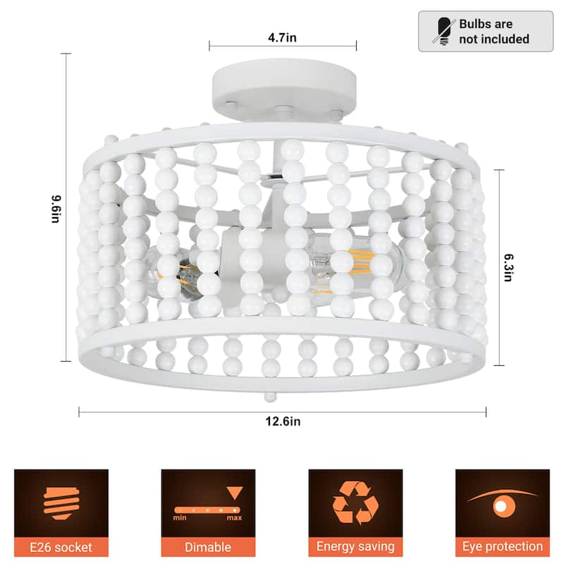 Starsky 3-light 12in. Bohemian Drum Ceiling Light Wood Bead Semi Flush Mount