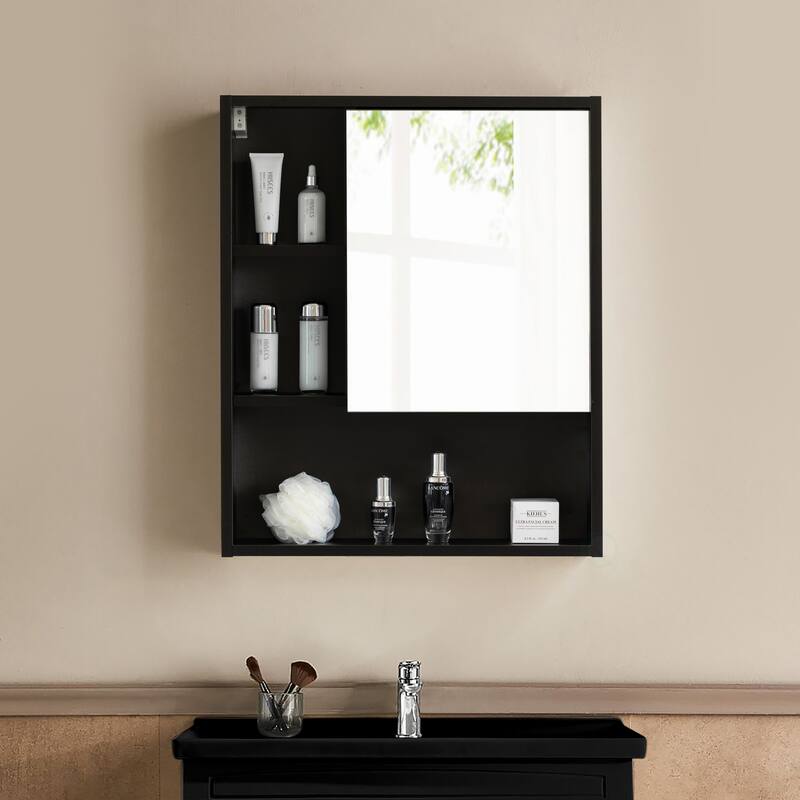 Wall Mount Bathroom Mirrored Storage Cabinet with Open Shelf | 2 Adjustable Shelves Medicine Organizer Storage Furniture