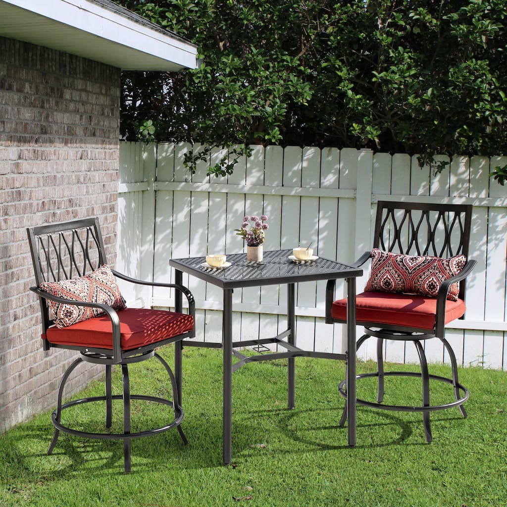 Outdoor 3-Piece Metal Bar Set, Swivel Bar Stools with Cushions and Pillows