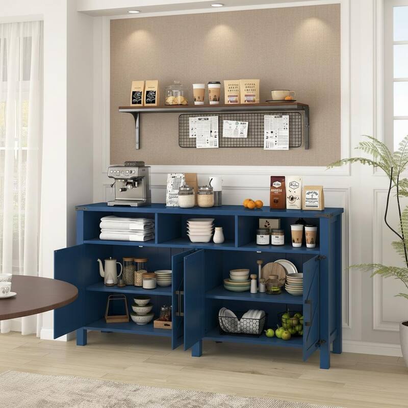 Farmhouse 4-Door Buffet Cabinet with Power Outlets, USB Ports & Adjustable Shelves by Harper&Bright Designs - Navy Blue
