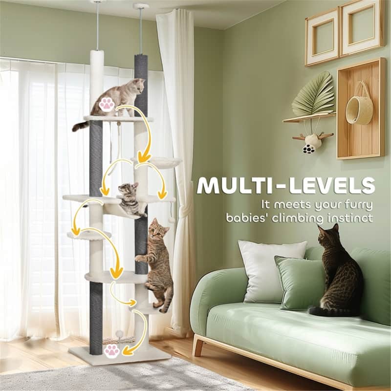 White-Grey Vertical Cat Tree with Adjustable Height and Soft Plush Cover - 23.6" W x 17.3" D x 88.6" -100.4" H