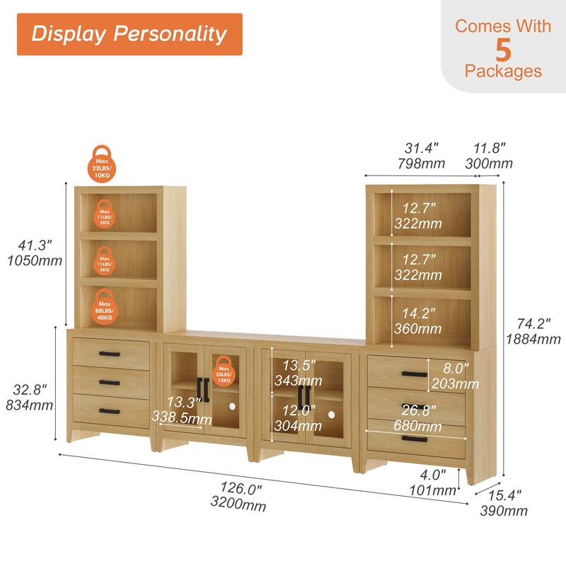 WAMPAT Farmhouse Entertainment Center with Bookshelves, Modular TV Stand with Drawers & Glass Doors - 126"W x 72.2"H x 15.4"D