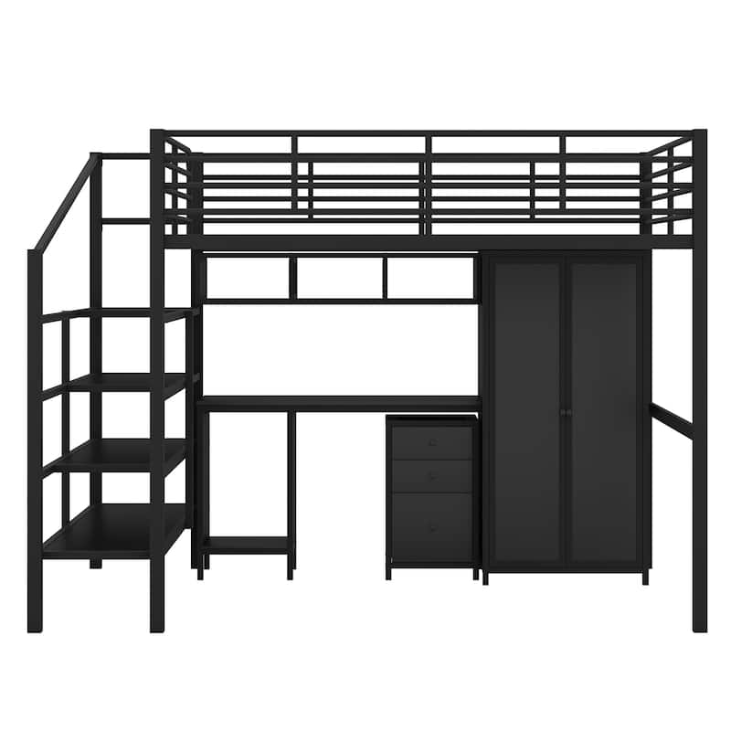 Full Size Metal Loft Bed with Stairs, Table Set and Wardrobe, Black ...